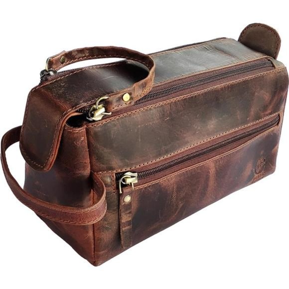 Buffalo Leather Toiletry Bag : Vintage Travel Shaving & Dopp Kit Mens - Picture 1 of 6